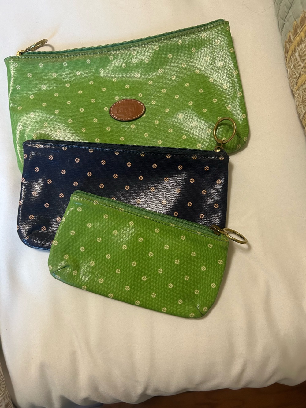 Fossil Green and Blue Polka Dot Cosmetic Bag/Wristlet Set